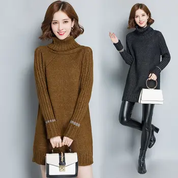 2020 Новое Осеннее Женское Свободное Яркое платье-свитер с высоким воротом, Женское Элегантное платье-свитер с теплым бархатным низом, Vestidos Z111