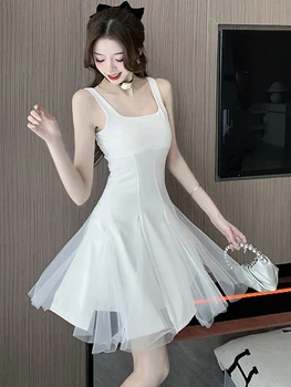 2023 Белое лоскутное сетчатое мини-платье-слинг Женское Корейское винтажное Черное платье Хепберн Летние однотонные Элегантные вечерние платья-футляры