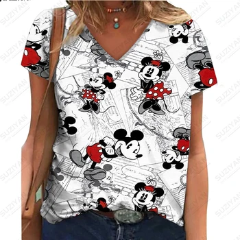 2023 Женская Летняя Новая мода Disney, футболка с 3D принтом Микки и Минни, Короткий рукав, Женская Повседневная футболка с V-образным вырезом в пригородном стиле