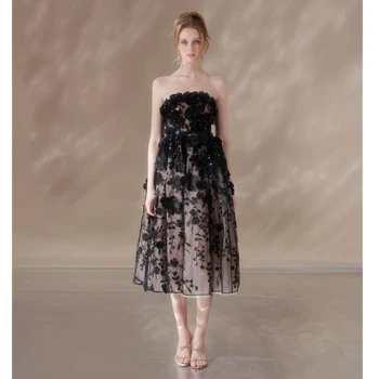 2023 Новое женское платье для выпускного вечера, черное, с объемной аппликацией ручной работы, без бретелек, с открытой спиной, чайной длины, модное и элегантное бальное вечернее платье