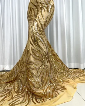 2023 Роскошная новейшая Золотая индийская ткань сари высококачественный тюль 3D кружевная ткань с блестками материал свадебного платья YYZ792
