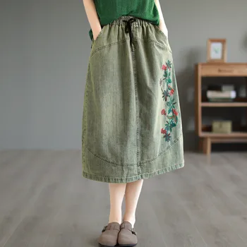 23 Женские Джинсовые юбки, Летняя Винтажная вышивка в стиле ретро, Свободный эластичный пояс, женская юбка-трапеция Tide