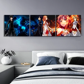 3 предмета Sword Art Онлайн Плакат с аниме Кирито и Асуной HD Мультяшная настенная картина Холст Картины для декора стен спальни Без рамки