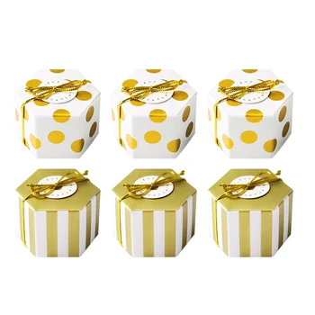 50 Шт Коробок конфет, подарочных коробок с мини-шестигранниками в полоску / горошек, шоколадных коробок золотисто-бронзового цвета, упаковочных коробок для душа ребенка