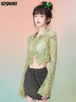 KOSAHIKI Fairy Блузка С Длинным Рукавом Женская Y2k Эстетическая Полая Тонкая Прозрачная Зеленая Верхняя Рубашка Корейской Моды Camisas De Mujer