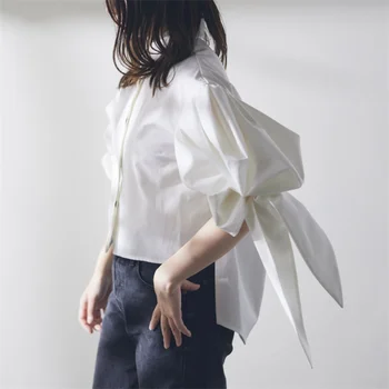 Kuzuwata Japanese Blusas Mujer с отложным рукавом и съемным бантом, Женские рубашки 2023, Летние Мятые однобортные блузки