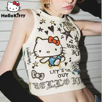 Sanrio Hello Kitty/ Модные Винтажные топы на бретелях, Новинка 2023 года, Y2k, Готические Укороченные топы в стиле Хип-хоп, Уличная одежда, Футболки, Короткие футболки для девочек-подростков