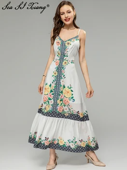Seasixiang, модное дизайнерское женское платье на весну-лето с V-образным вырезом, без рукавов, с цветочным принтом, Богемные длинные платья с открытой спиной для отдыха