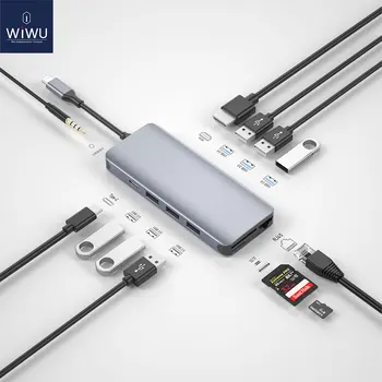 WiWU 12 в 1 USB-Концентратор для MacBook Air Pro 13 16 2022 M2 VGA/RJ45 Многофункциональный Адаптер-концентратор Type C для Huawei USB Splitter