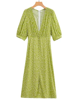 YENKYE/ Новое женское платье с цветочным принтом во французском стиле, короткий рукав, V-образный вырез, женское летнее платье миди, праздничный халат