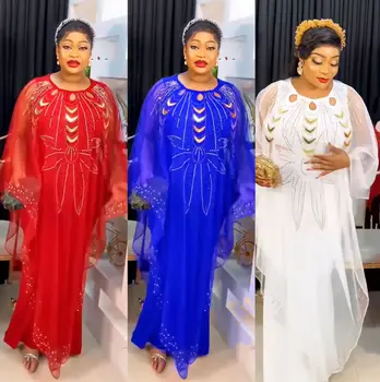 Африканские платья для женщин, Летние Элегантные Африканские платья с круглым вырезом и длинным рукавом, Белое красное длинное платье из полиэстера, Платье Макси, Африканская одежда