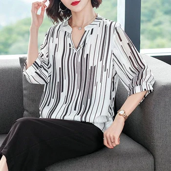 Белая шифоновая рубашка с принтом в полоску, Весенне-летняя модная блузка 2023, Элегантная одежда в корейском стиле, Женская рубашка с отложным воротником