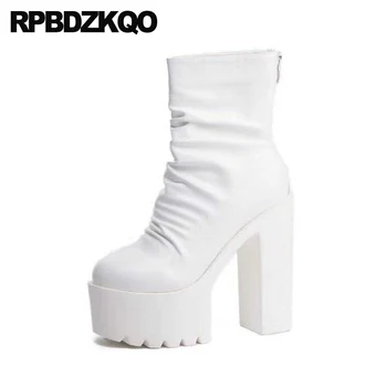 Белые женские ботильоны 2021 года, зимняя обувь на платформе с круглым носком, блочный фетиш, толстый 14 см, женский водонепроницаемый Экстремальный высокий каблук