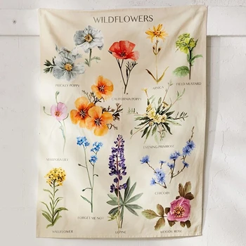 Ботанический гобелен с полевыми цветами, Настенная справочная таблица цветов, богемные гобелены в стиле хиппи, красочные психоделические вставки для домашнего декора