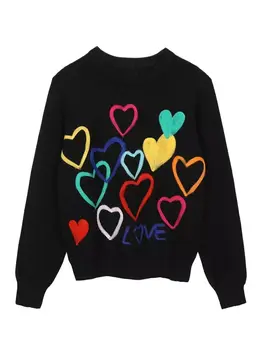 Весенний женский свитер YYJO с круглым вырезом, яркий трикотаж с вышивкой в виде сердца ярких цветов, тонкий универсальный пуловер Femme