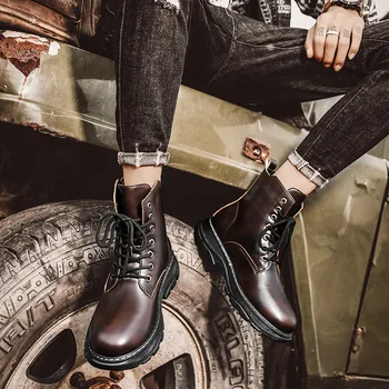 Высокие ботинки на молнии, мотоциклетная обувь на толстой подошве, британские ботинки для инструментов, осенне-зимние кожаные ботинки для мальчиков увеличенного размера
