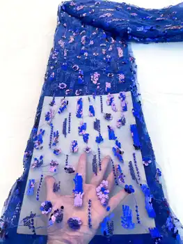 Голубая африканская кружевная ткань 2023, высококачественная Французская кружевная ткань с 3D блестками, Нигерийская кружевная ткань для платья, 5 ярдов, YYZ98