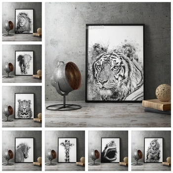Декоративное животное в скандинавском стиле, черный, белый лев, тигр, сова, зебра, настенная роспись в гостиной, картина на холсте, картина на холсте K507