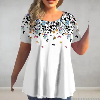 Женская блузка с коротким рукавом и круглым вырезом, Летняя Повседневная футболка с цветочным узором, Блузка Уличная одежда