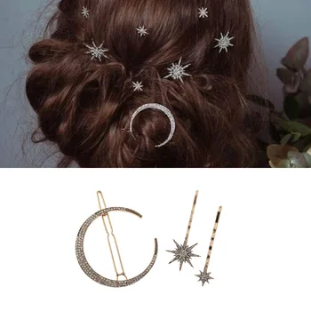 Женская Боковая Заколка Для волос, Аксессуары для волос, 3D Геометрические Звезды, Луна, Набор заколок для волос из горного хрусталя, Серебряные Заколки в виде снежинок и звездочек,