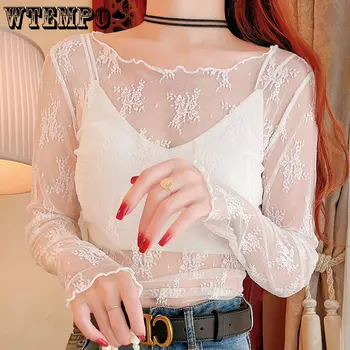 Женская кружевная прозрачная рубашка WTEMPO Весна Лето, тонкая дышащая рубашка с вырезом лодочкой, сексуальный универсальный сетчатый топ