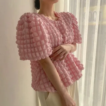 Женская одежда Топ в корейском стиле, Шикарная Весенне-летняя рубашка-пуловер с рукавами-пузырями, Нишевый дизайн, простой Нежный топ
