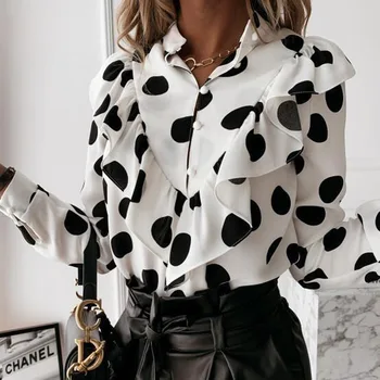 Женская повседневная блузка, рубашка с рюшами в горошек, осенне-зимние женские рубашки с длинным рукавом, Элегантные офисные женские топы с V-образным вырезом и пуговицами