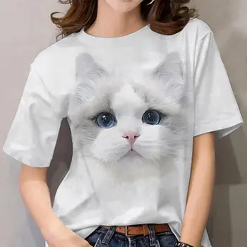 Женская футболка Kawaii, модная белая футболка с принтом Котенка, короткий рукав, Милый животный узор, одежда для девочек, Летний новый женский топ большого размера