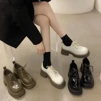 Женские тонкие туфли в британском стиле, весна 2023, новые модные нескользящие маленькие кожаные туфли на толстом каблуке, женская обувь