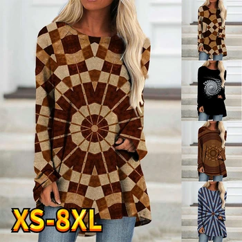 Женские топы, футболка, футболка с абстрактной геометрической сеткой, толстовка с графическим принтом, Уличная одежда с длинным рукавом и круглым вырезом XS-8XL