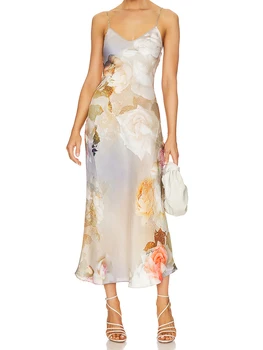 Женское атласное длинное платье без рукавов на тонких бретельках, модное винтажное коктейльное платье с V-образным вырезом и цветочным принтом, вечернее платье