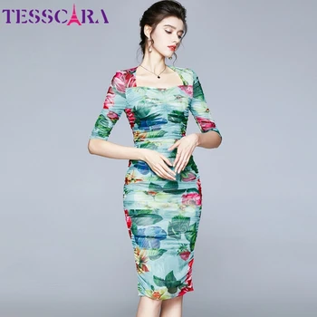 Женское весенне-летнее сетчатое платье с цветочным рисунком TESSCARA, высококачественное элегантное коктейльное вечернее платье-карандаш, женское дизайнерское платье Vestidos