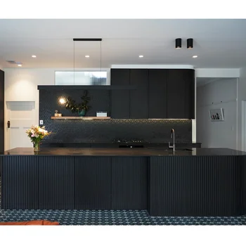 Заводская поставка 3D Дизайн Дома Современные черные матовые кухонные шкафы с островом