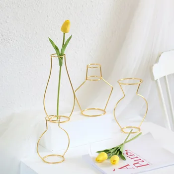 Золотая проволочная ваза, композиция из искусственных засушенных цветов, Поделки из железа, Аксессуары для металлических цветов, креативные украшения для домашнего декора