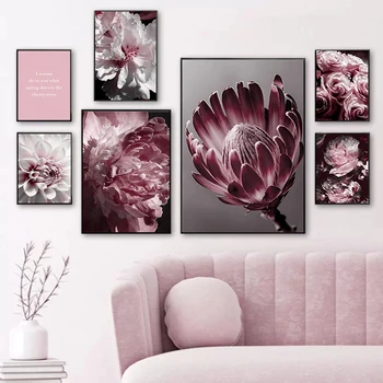 Картина с розовым пионом на холсте в скандинавском стиле, плакат, фотографии растений, фон гостиничного номера, украшение стен, Фреска с пионами