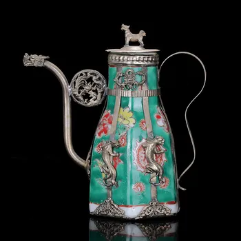 Коллекция Цветной фарфор Панцирь дракона Тибет Серебро Ручной работы Poeny Teapotg Украшение для дома