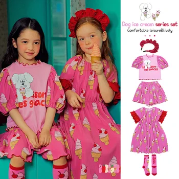 Корейское детское платье для девочек, рубашка, шорты, костюм 2023, новое летнее Красное платье принцессы с принтом мороженого, детская одежда, одежда