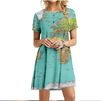 Летнее женское платье с коротким рукавом с цифровой печатью на карте 2021 года
