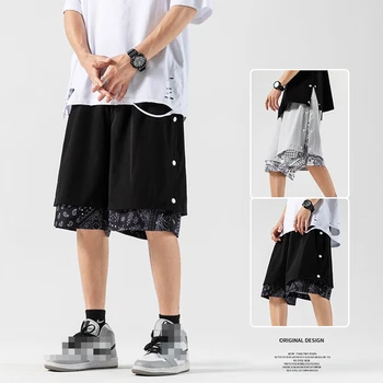 Летние шорты с вышивкой в стиле пэчворк Шорты Harajuku 2023 Летние Уличные Свободные поддельные Шорты из двух частей Спортивные повседневные брюки