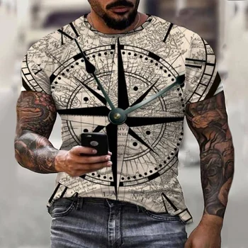 Летняя винтажная футболка с компасом, мужская футболка с 3D-печатью, уличная мода, футболка в стиле харадзюку, короткий рукав, топ оверсайз, мужская одежда