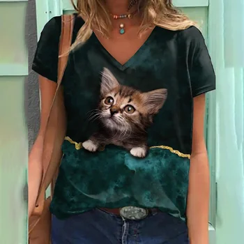 Летняя Женская футболка с 3D принтом, Футболка С изображением Животного Кота, Графический дизайн, Повседневная Свободная Женская мода Harajuku, Базовый топ С V-образным вырезом