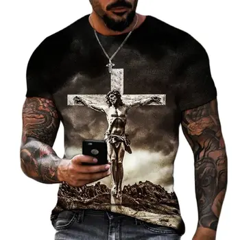 Летняя мужская футболка с 3D-принтом God Religion, футболка с крестом Иисуса Христа, винтажная хип-хоп свободная уличная одежда с коротким рукавом, Размер оверсайз
