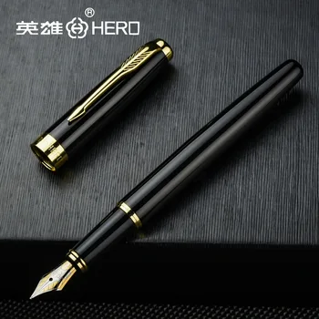 Металлическая перьевая ручка HERO многоразового использования, титаново-золотое перо 0,5 мм, глянцевая /матовая черная ручка, школьные ручки для делового офиса