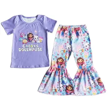 Милый фиолетовый кот, Детская бутик-одежда, рубашка с короткими рукавами, брюки-клеши, Весенне-осенний детский комплект, Модная одежда для детей оптом