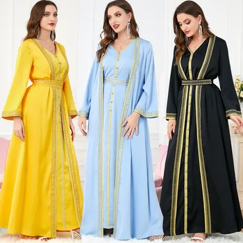 Мусульманские комплекты с вышивкой из 2 предметов, Роскошное вечернее скромное платье для женщин, Рамадан, Дубай, Абая, исламская Джалабия, Марокканский кафтан, халат