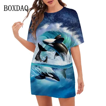 Новые женские платья 2023 года, летнее модное платье с 3D-принтом в виде океанского кита, повседневное мини-платье с круглым вырезом и коротким рукавом, одежда Оверсайз