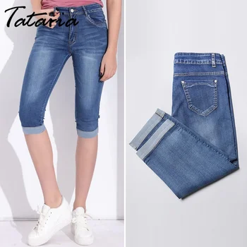 Новые летние Узкие Джинсовые брюки-капри для женщин, синие, большие размеры, карман, длина до икр, Узкие джинсовые брюки-стрейч, Бриджи с рисунком, Женские бриджи