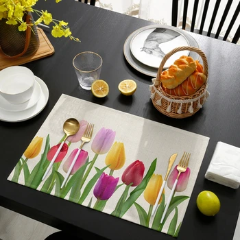 Обеденное белье с цветочным тюльпаном и Идиллическим принтом, Коврики для стола, Кухонные Принадлежности, Термостойкие Салфетки для обеденного стола, Декор кухни.