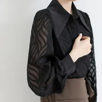 Офисная женская элегантная рубашка в стиле пэчворк с волнистым кроем, весна-осень, женская одежда с длинным рукавом, однобортная блузка с отложным воротником