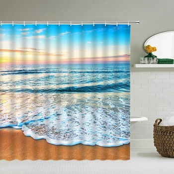 Пляж Океан Водонепроницаемые Занавески для душа в ванной комнате Морские раковины Занавески для ванны 3D печать с крючками 180 * 180 см Моющаяся ткань